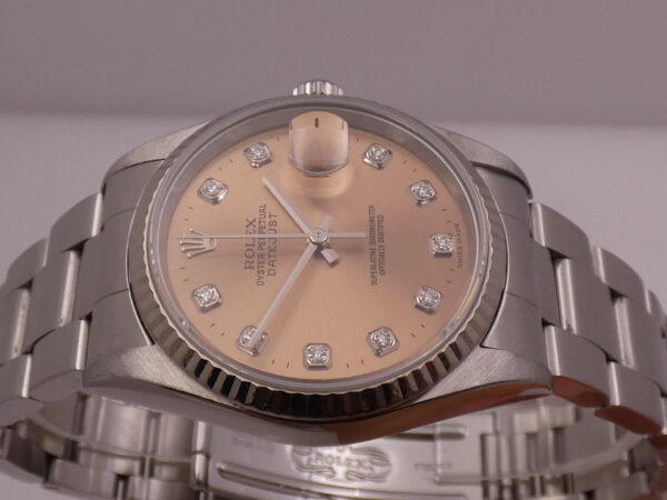 Rolex Datejust 36 16234 ORIGINAL DIAMONDS SALMON DIAL 18Kt White Gold Bezel Year 2003 No Holes