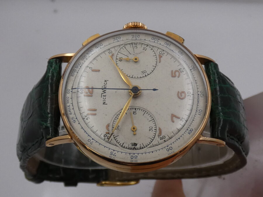 Cronografo Nice Watch Bicompax Oro massiccio 18 Kt Carica Manuale ANNI '50s