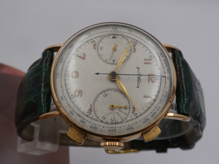 Cronografo Nice Watch Bicompax Oro massiccio 18 Kt Carica Manuale ANNI '50s - immagine 3