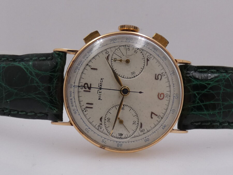 Cronografo Nice Watch Bicompax Oro massiccio 18 Kt Carica Manuale ANNI '50s - immagine 4