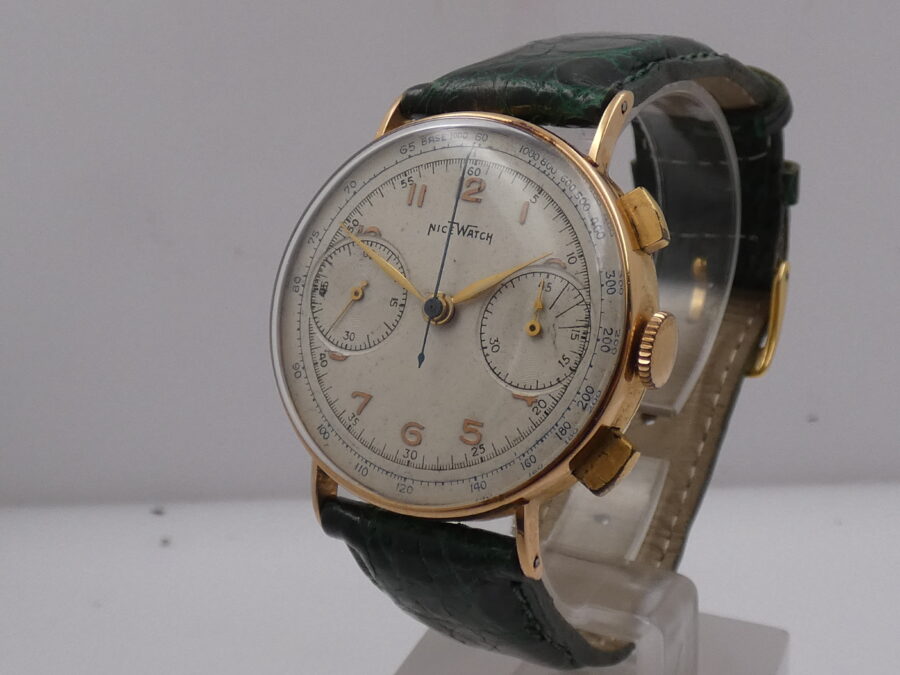 Cronografo Nice Watch Bicompax Oro massiccio 18 Kt Carica Manuale ANNI '50s - immagine 9