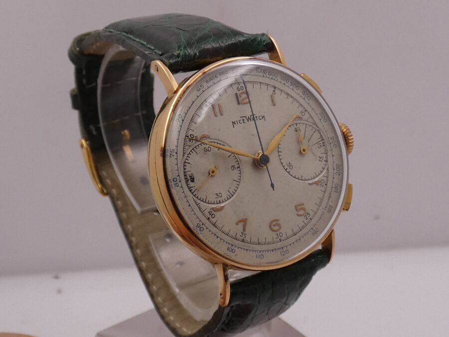 Cronografo Nice Watch Bicompax Oro massiccio 18 Kt Carica Manuale ANNI '50s - immagine 10