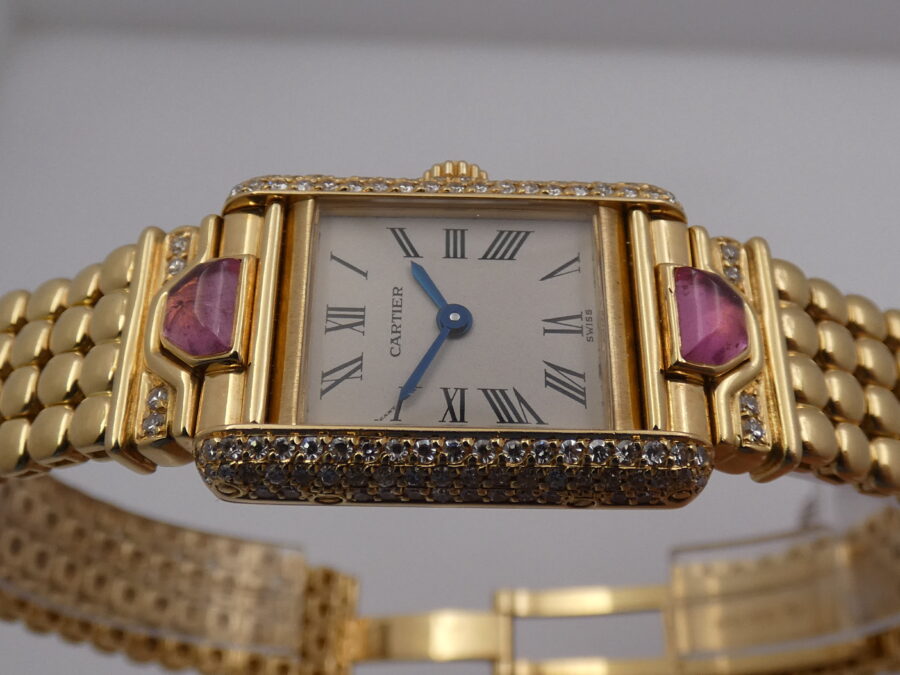 Cartier Extremaly Rare Tank Louis Paris 18Kt Full Gold Factory Diamonds&Tourmalines With BOX Lady