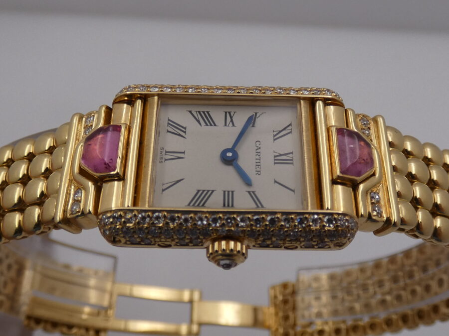 Cartier Extremaly Rare Tank Louis Paris 18Kt Full Gold Factory Diamonds&Tourmalines With BOX Lady - immagine 4