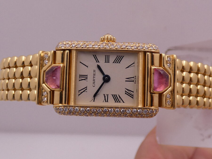 Cartier Extremaly Rare Tank Louis Paris 18Kt Full Gold Factory Diamonds&Tourmalines With BOX Lady - immagine 5