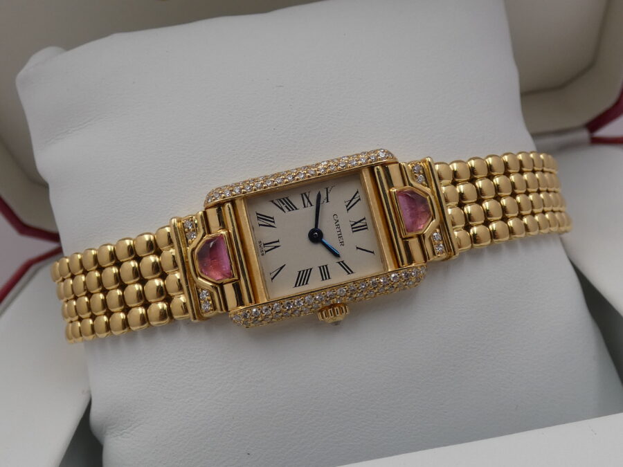 Cartier Extremaly Rare Tank Louis Paris 18Kt Full Gold Factory Diamonds&Tourmalines With BOX Lady - immagine 7