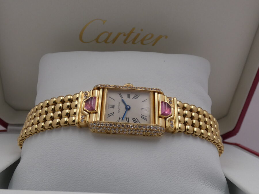 Cartier Extremaly Rare Tank Louis Paris 18Kt Full Gold Factory Diamonds&Tourmalines With BOX Lady - immagine 8