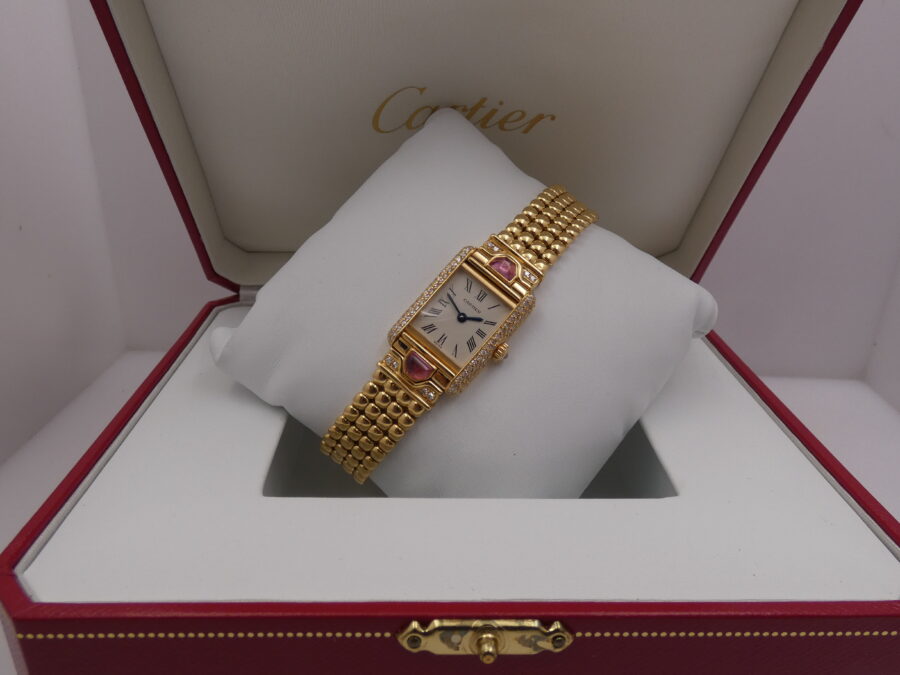 Cartier Extremaly Rare Tank Louis Paris 18Kt Full Gold Factory Diamonds&Tourmalines With BOX Lady - immagine 9