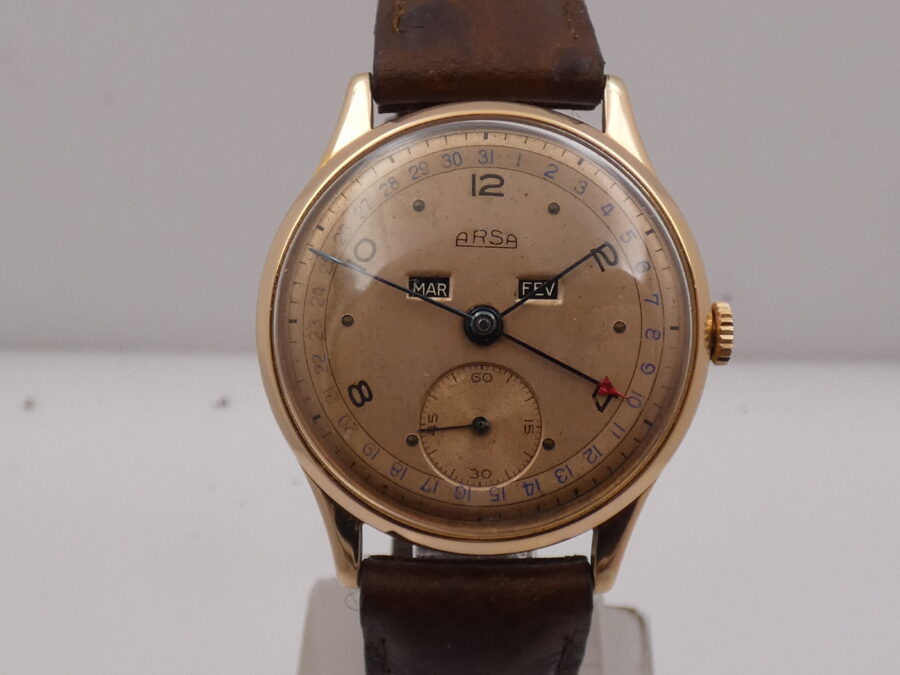 Arsa Triple Calendar 35mm ORO ROSA 18Kt Anni '50s Carica Manuale Vintage - immagine 8