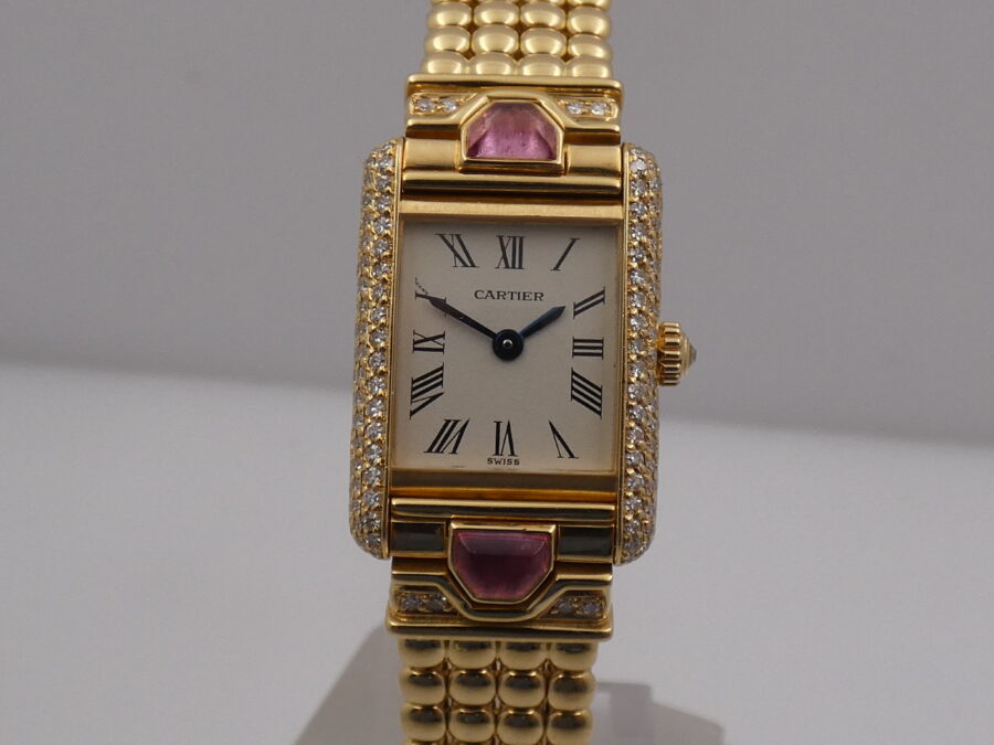 Cartier Extremaly Rare Tank Louis Paris 18Kt Full Gold Factory Diamonds&Tourmalines With BOX Lady - immagine 10