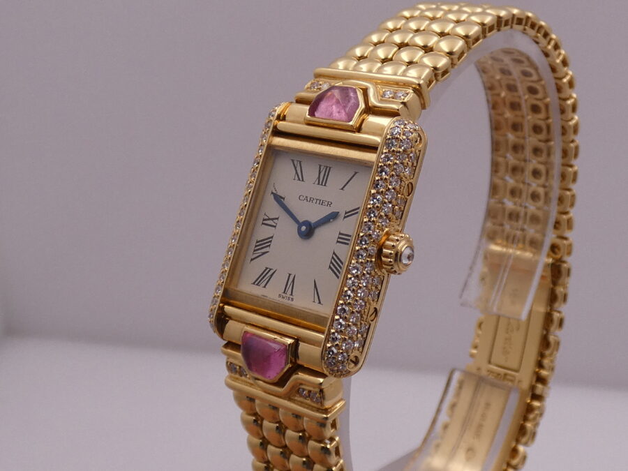 Cartier Extremaly Rare Tank Louis Paris 18Kt Full Gold Factory Diamonds&Tourmalines With BOX Lady - immagine 11